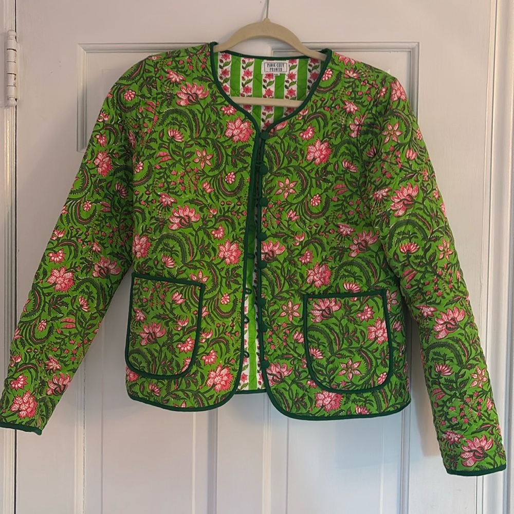 Pink City Prints Quilted block print jacket size XS green and pink